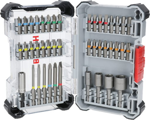 Bộ tua vít Bosch Extra Hard 43 chiếc trong hộp trưng bày.
